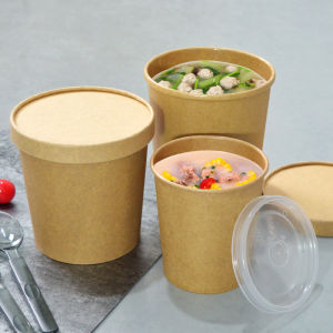 Thickened Kraft Paper Takeout Soup Bowl Dessert Rice Box Sealed Lid Soup Container Sturdy Disposable Food Packaging Supplies