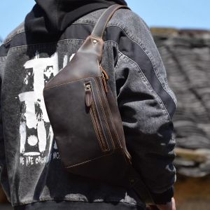 Retro Large Capacity Chest Bag for Men Pure Color Top Layer Cowhide Shoulder Bag Casual Zipper Closing Motorcycle Bag