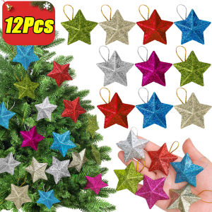 12/6pcs 5cm 3D Glitter Star Ornaments / Xmas Tree Pentagram Hanging Pendant with Rope / Mini Five Pointed Star Christmas New Year Party Decoration