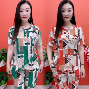 Middle-Aged Mom Summer New Arrival Ethnic Style Short Sleeve Tops Cropped Pants Ice Silk Two-Piece Suit Western Style All-Matching Suit