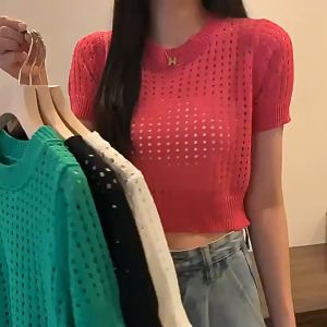 Sweet Knitted Blouse For Women Hollow-out Round Neck Short Sleeved T-shirt Women Simple Loose Fitting Blouse