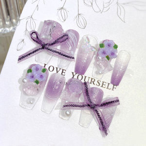 【With Glue】Ready Stock Female Mid-length Fake Nail Purple Bouquet Artificial Nail for Women and Girl Party Activity