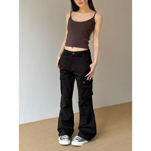 Retro Multi-Pocket Womens Casual Straight Leg Work Pants Loose Fit Street Style Cotton Long Trousers Summer 2024 Trend
