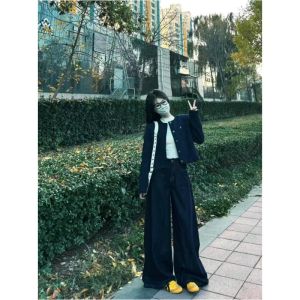 Extended Length High Waist Loose Fit Straight Leg Deep Blue Jeans Womens Casual High Waist Wide Leg Pants Floor-Length