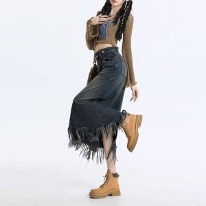 Retro American High Waist Tassel Denim Skirt Womens Asymmetrical Slimming Mid-Length A-Line Wrap Skirt Summer Half Skirt