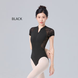 daydance | Women Ballet Leotards with Front Zipper Adult Lace Short Sleeve Ballet Dance Bodysuit Soft Lining Gymnastics Leotards