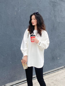 Loose Fit White Long Sleeve T-Shirt Womens Korean Style Comfortable Cotton Polyester Blend Mid-Length Sweatshirt