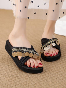 Womens Cross Slippers Summer Outdoor Wear 2025 New Korean Fashion Thick Bottom Ethnic Style Sandals Anti-slip Beach Shoes