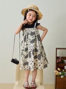Summer New Style Kids Outfit Sweet Cool Black White Flower Strap Dress Girls Dress Cotton 100% Korean Style AiShangLN