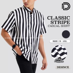 DESINCE Men Shirt Black White Stripe Line Man Top Smart Casual Short Sleeve Button Shirt Baju Kemeja Lelaki MT 066