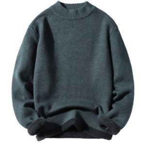 HENGYUANXIANG | เสื้อสเวตเตอร์คอปกสูงบุขนแกะหนาสำหรับผู้ชาย เสื้อสเวตเตอร์ถักแบบสวมหัว ทรงหลวม สไตล์ชีที่เป็นมิตรกับธรรมชาติ ผ้าฝ้ายผสม