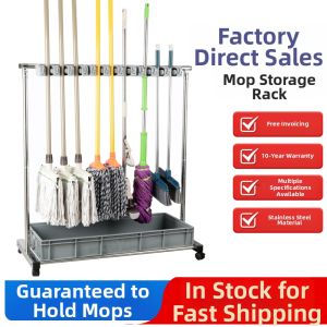 Stainless Steel Mobile Broom Sweeper Mop Holder School Cleaning Tools Storage Floor Standing Hook/Adhesive for Balcony Dormitory Classroom Office