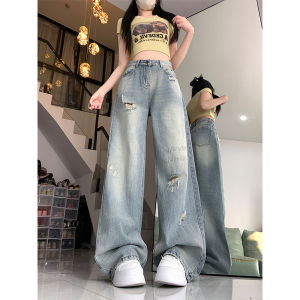 Quần Jeans Denim Ống Rộng Phong Cách Mỹ Cổ Điển Cho Nữ Quần Dài Ôm Dáng Cạp Cao Có Lỗ Xẻ Quần Dài Thường Ngày Mùa Xuân Thu Đông