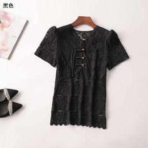 Áo Thun Nữ Cổ Chữ V Tay Ngắn Dài Vừa Phải Mùa Hè 2025 Áo Thun Tay Ngắn Ren Nút Phong Cách Trung Hoa Cổ Điển Áo Thun Thường Ngày