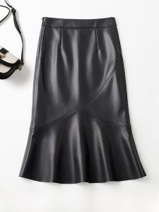 Haier Ning Genuine Leather Skirt High Waist Bodycon Slimming Mid-Length Fish Tail Skirt Womens Fashion Autumn Winter New Style