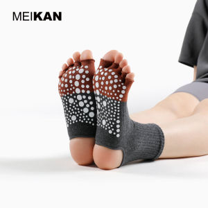 Womens Yoga Socks Anti-slip Professional Pilates Fitness Medium-length Tube Five-finger Open-toe Shock-absorption Gym Socks