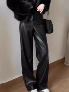 High Waist Fleece Lined Wide Leg Pants Womens Autumn Winter Loose Slimming Trousers Floor Length Casual Style No Brand