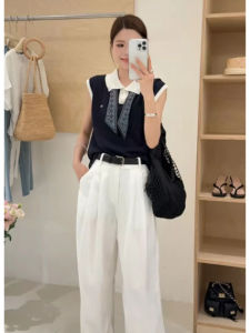 YUEZHONGWEI | Color Block Knitted Vest Women Summer Outerwear Silk Scarf Belted Sleeveless Collared Top Polyester Blend Casual Style