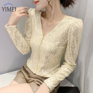 Yimei Áo Thun Nữ 2023 thời trang mới Lấp Lánh Áo ngắn tay áo dài thu đông áo Cardigan có khóa kéo