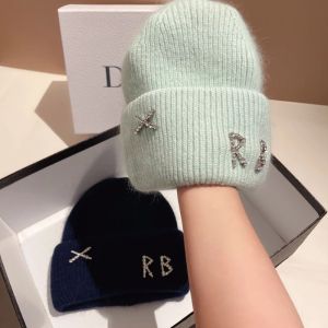 New Real fashion rabbit hair diamond letter hat Womens Winter warm knit hat Designer womens casual hat ski hat