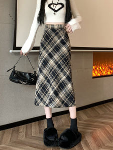กระโปรงทรงเอเอวสูงผ้าขนสัตว์ลายสก็อตสไตล์ย้อนยุคสำหรับผู้หญิงในฤดูใบไม้ร่วงและฤดูหนาว กระโปรงทรงเอเอวสูงคลุมสะโพก กระโปรงทรงเอยาวปานกลาง