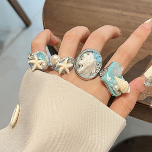 Summer Vacation Style Marine Element Ring Pearl Conch Shell Starfish Ring Special-Interest Design Classy Index Finger Ring