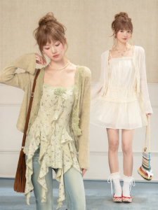 loveheynew | Áo Cardigan Len Dệt Phong Cách Ngọt Ngào Pháp Cổ V Đính Ren Viền