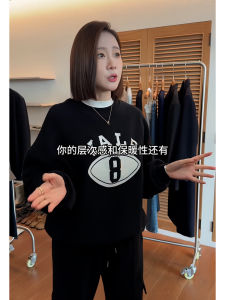 Fashionable Cool American Style Womens round Neck Sweatshirt Pure Cotton Black Spring New Arrival Comfortable Loose Fit Long Sleeve