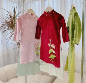 Áo dài truyền thống vải nhung mềm thêu hoa sen cho bé gái từ 8-30kg - Lagim house