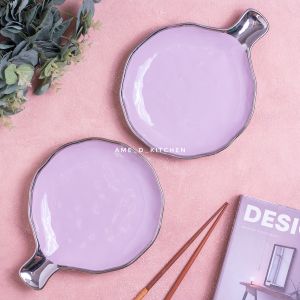 Piring bundar gagang 8" keramik ungu lilac lis silver