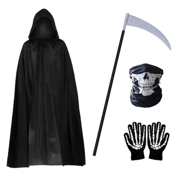 Halloween Party Adult and Children Grim Reaper Black Cloak Robe Demon