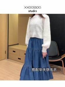 [48 Hourly Delivery ] Fat mm Plus Size Denim Long Skirt Half Cake Puff Umbrella Skirt Mid-Length Elastic High Waist Plus Size Womens Clothing 200 Jin