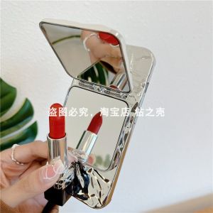 Pura70 Flip Cover Mirror Huawei Mate60 pro Electroplated Phone Case Stand P60/Mate70 pro Tinfoil Creased Silver Mate50 Foldable Makeup Mirror Protective Shell Creative New Women