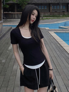 Color Block Slim Fit Short Sleeve T-Shirt Women Base Layer Inner Wear Spring Summer New Style Design Sense False Two-Piece Top