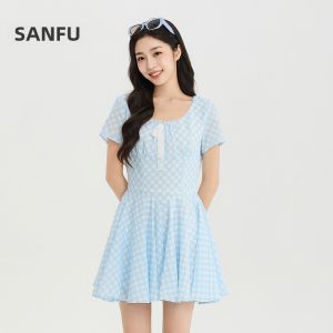 SANFU | Elegant Lace Strap Cinched Waist Flared Collar Womens Dress