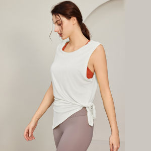 เสื้อยืดคอกลมแขนกุดหลวมๆ สำหรับผู้หญิง ชุดโยคะ ออกกำลังกาย วิ่ง ปัตตี้ ฤดูร้อน 2023 ผ้าฝ้ายผสมโพลีเอสเตอร์ ความยาวปกติ