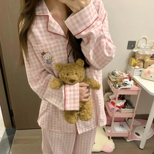 Sweet Hello Kitty Womens Pajama Set Autumn Kawaii Sanrio Cartoon Nightgown Anime Leisure Cartoon Girls Home Clothing Gift
