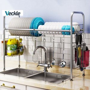 Veckle 1/2 Layers Sink Dish Drainer Rack 304 Stainless Steel Dish Drying Rack Kitchen Sink Storage Rack Plate Drain Rack Kitchen Storage Rack with Cutting Board Knife Holder