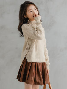 Girls Turtleneck Sweater Autumn and Winter Childrens Clothing Older Childrens Western Style Split Coarse Yarn Childrens Sweater Knitted Cardigan Warm and Fashionable