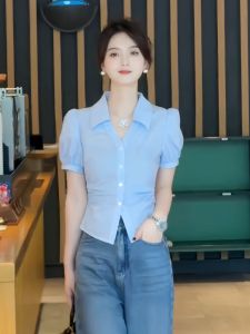 Blue Short Sleeve Womens Shirt 2025 New Summer Design Bubble Sleeve Waist-Cinching Short Style Elegant Top Commute Style