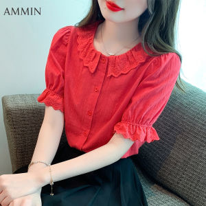 AMMIN summer new ladies ruffle hollow doll collar short-sleeved shirt