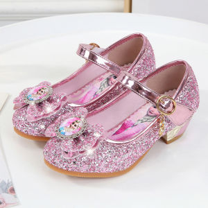 รองเท้าส้นสูงสำหรับเด็กผู้หญิง ทรงหัวมน ด้านหน้าประดับคริสตัล รองเท้าเด็กทรงหัวมน พื้นยาง รองเท้าเจ้าหญิงสำหรับเด็ก รองเท้าผู้หญิง