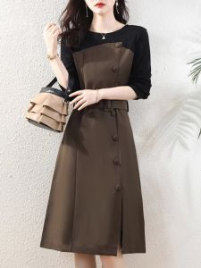 Elegant A-Line Midi Dress Fake Two-Piece Design High Waist Korean Style Long Sleeve Autumn Fashion Ladies Clothing