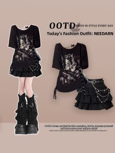 NEEDARNA | Summer Korean Style Waist-Cinching Black Flare Short Dress