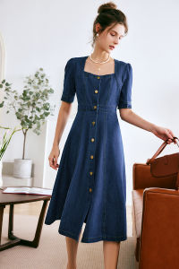 OLrain French Waist Cinching Slimming Vintage Design Denim Short Sleeve Dress Womens Spring 2026 New Style High Waist Midi Dress