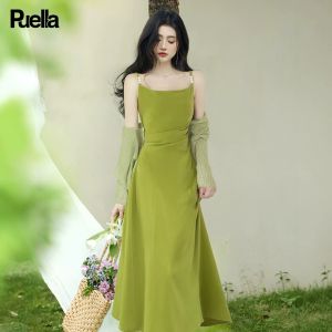 puella | French Style Avocado Green Camisole Dress with Cardigan Summer 2-Piece Set