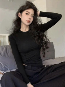 Slim Fit Long Sleeve Black T-Shirt Womens Base Shirt Small Top Tight Design Sensation Show Slimming Base Layer Cotton Blend