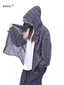 BWKA | Summer Lightweight Hooded Sun Protection Icy Silk Quick Dry Checkered Loose Casual Shirt