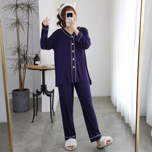 Modal Womens Long-Sleeved Trousers Pajamas Suit for Plump Girls