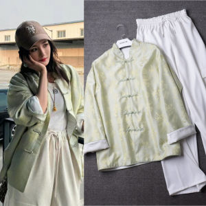 Yang Mi 2024 Spring New Chinese Tang Suit National Style Jacquard Buckle Loose Lapel Long Sleeve Coat Top Female
